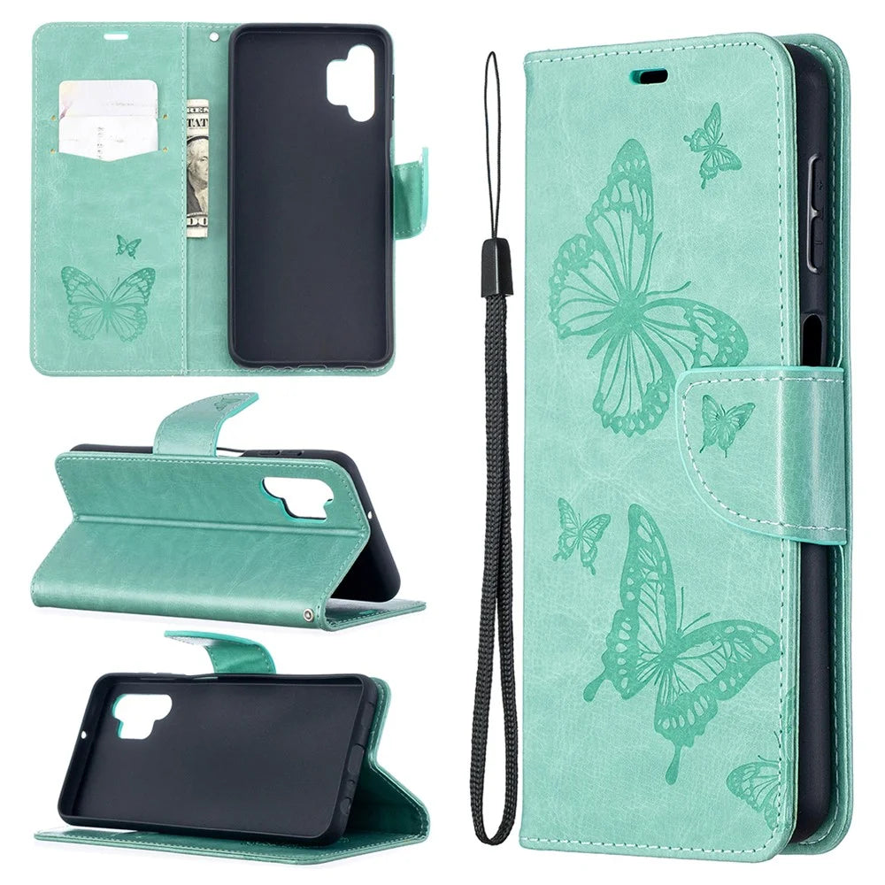 For Samsung Galaxy A32 5G / M32 5G Imprint Butterflies Wallet Stand Flip Leather Phone Shell - Green - 1