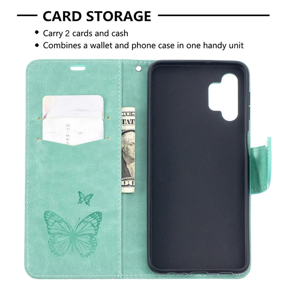 For Samsung Galaxy A32 5G / M32 5G Imprint Butterflies Wallet Stand Flip Leather Phone Shell - Green - 3