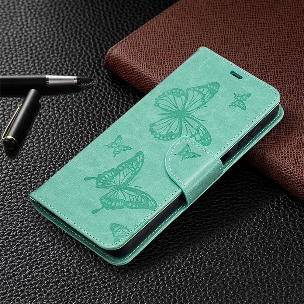 For Samsung Galaxy A32 5G / M32 5G Imprint Butterflies Wallet Stand Flip Leather Phone Shell - Green - 4