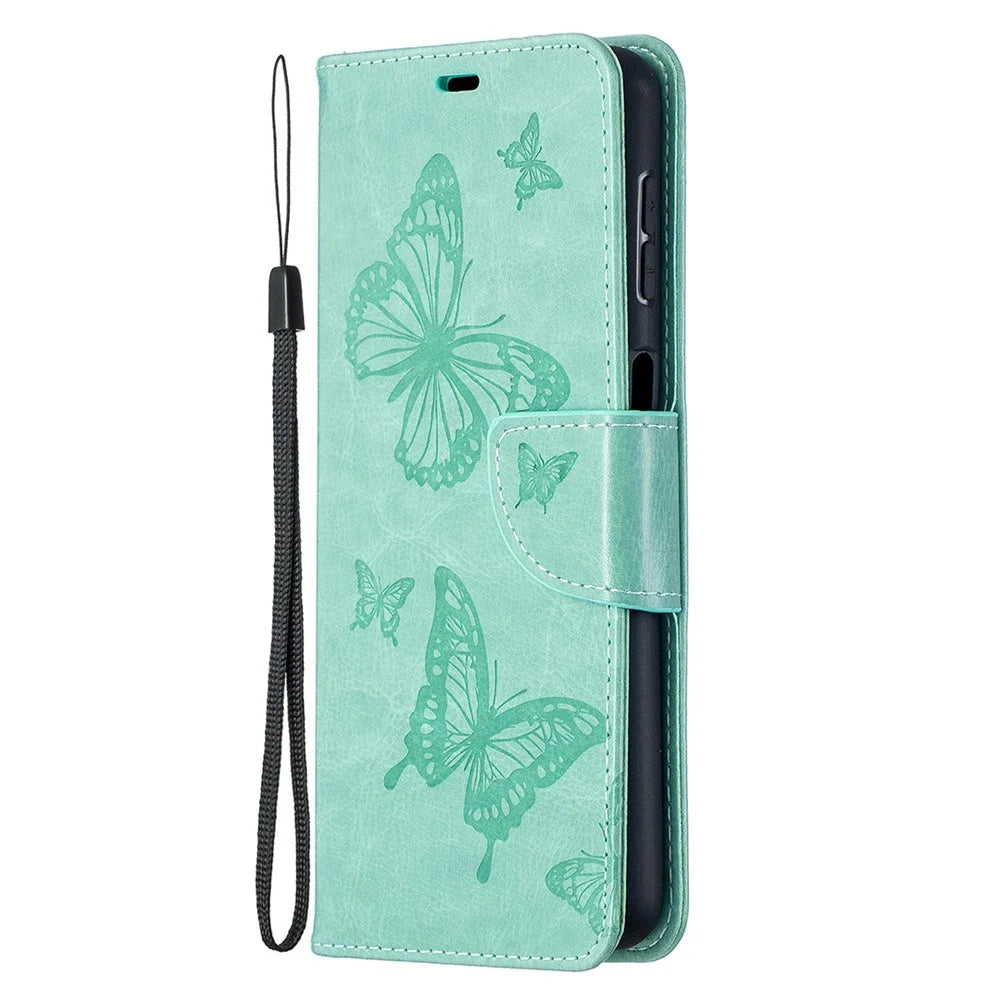 For Samsung Galaxy A32 5G / M32 5G Imprint Butterflies Wallet Stand Flip Leather Phone Shell - Green - 6