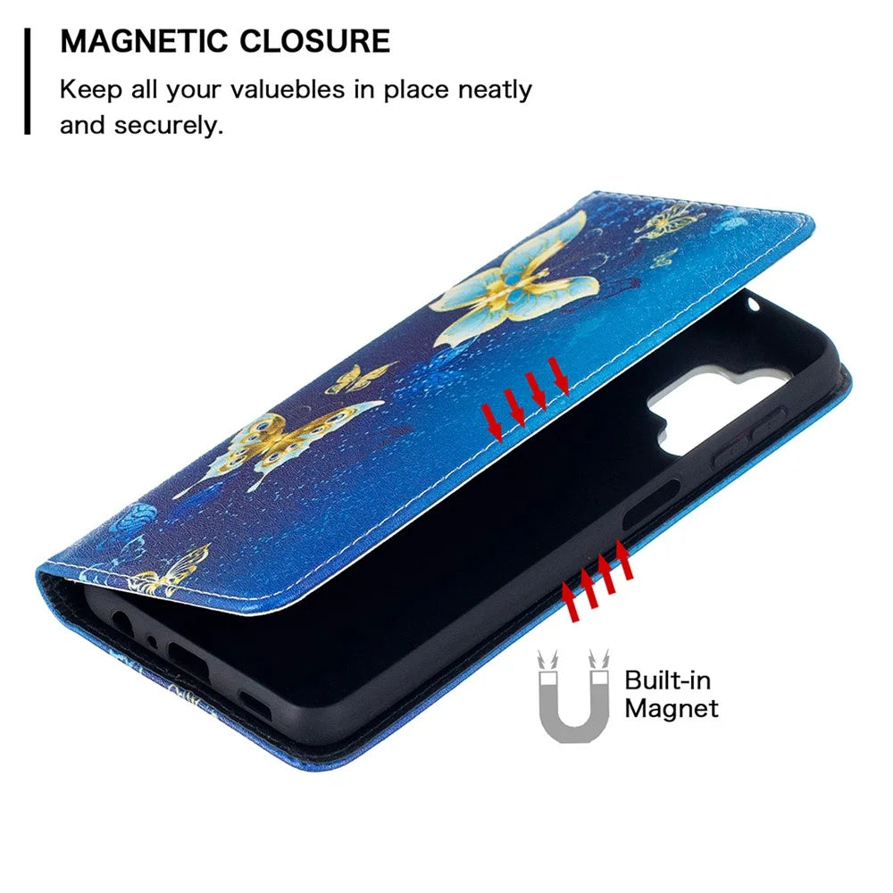 Auto-absorbed Stylish Patterned PU Leather Stand Case for Samsung Galaxy A32 5G / M32 5G - Golden Butterflies - 3