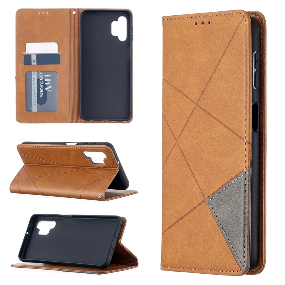 Geometric Pattern TPU + PU Leather Shell with Card Holder for Galaxy A32 5G / M32 5G - Yellow - 1