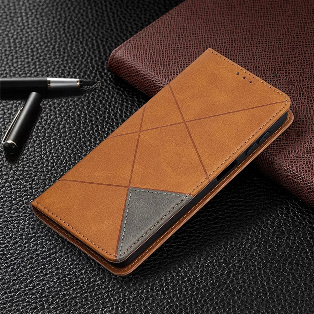 Geometric Pattern TPU + PU Leather Shell with Card Holder for Galaxy A32 5G / M32 5G - Yellow - 5