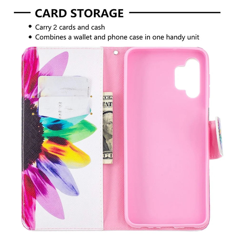 Pattern Printing Magnetic Leather Stand Wallet Stylish Case for Galaxy A32 5G / M32 5G - Sunflower - 3