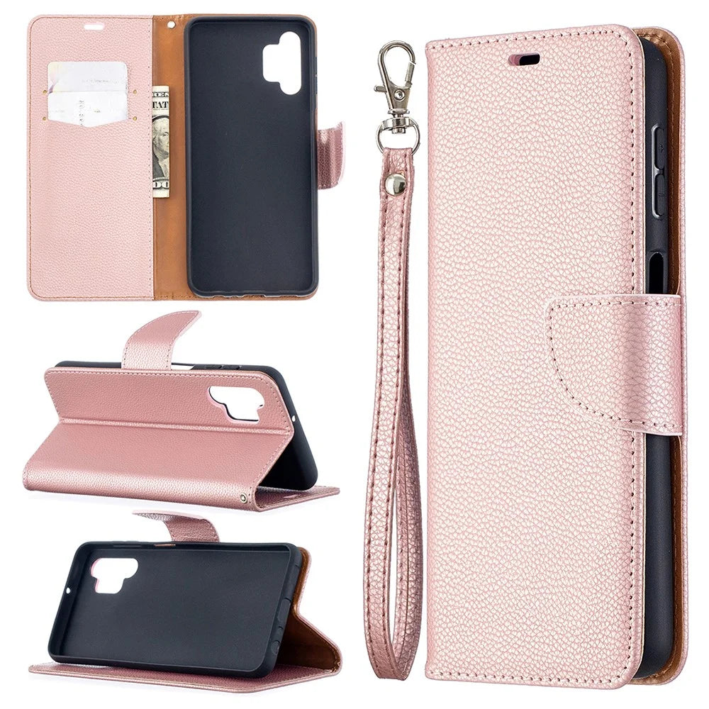 Litchi Texture Wallet Leather Pure Color Phone Case for Galaxy A32 5G / M32 5G - Rose Gold - 1