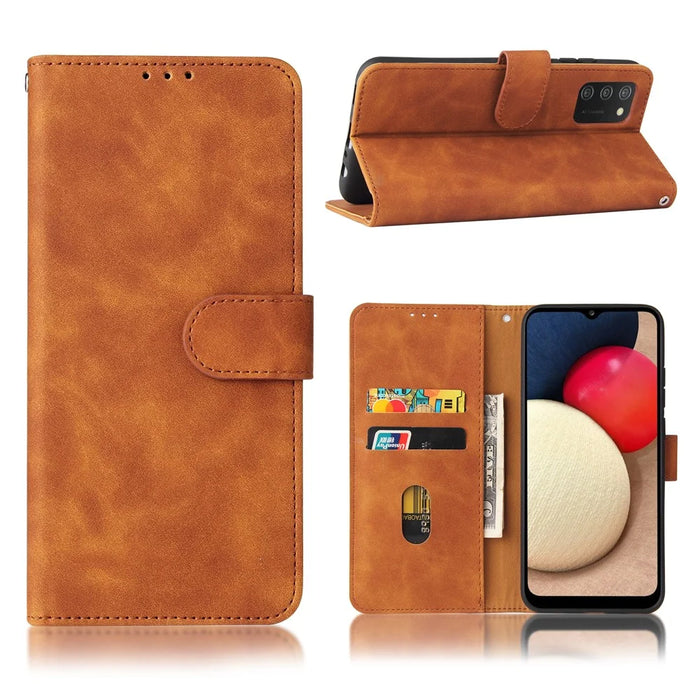 Wallet Stand Design Skin-feeling Wallet Leather Phone Case for Samsung Galaxy A02s (166.5mm) - Brown - 1