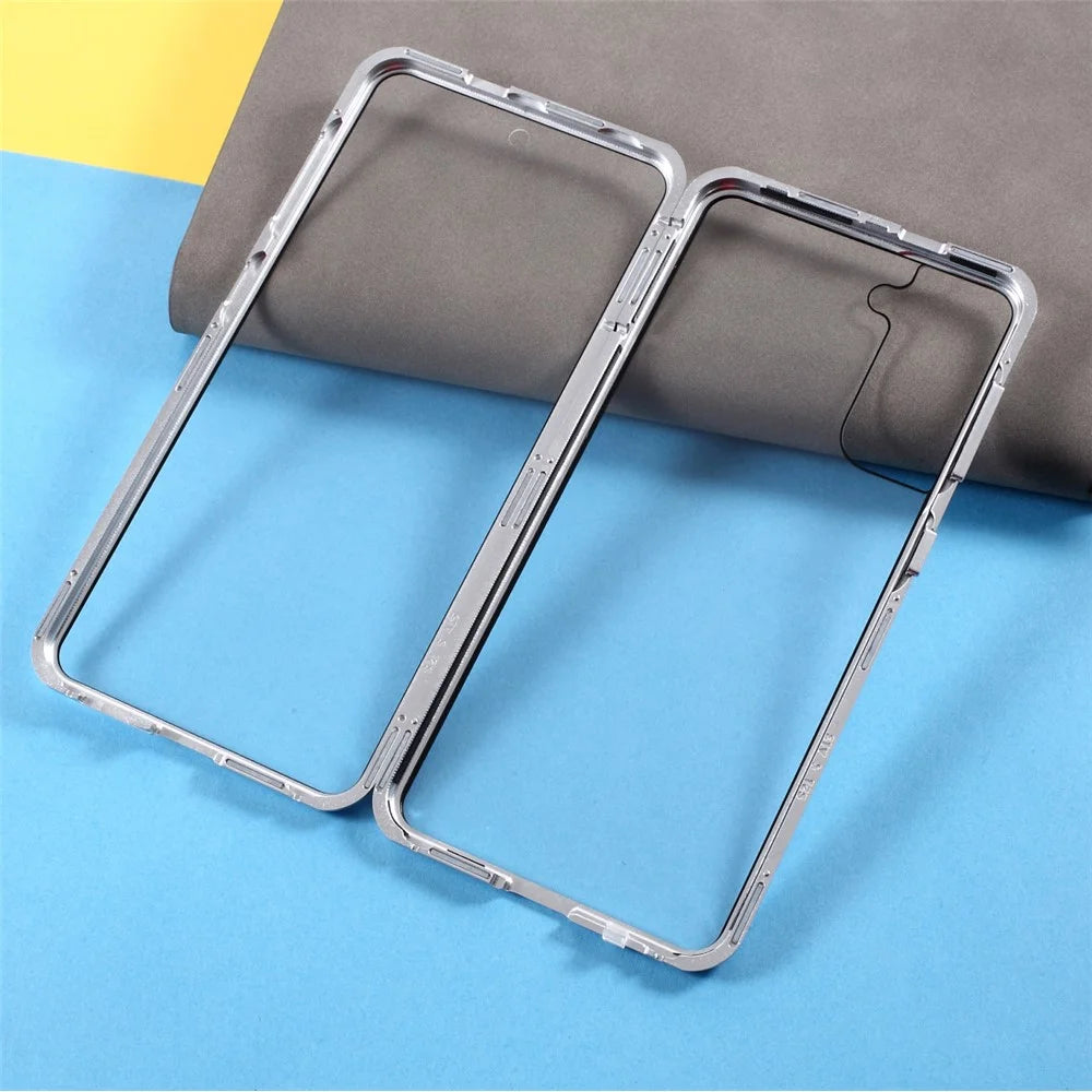 Metal Frame with Double Side Tempered Glass Case (No Fingerprint Function but with Face Recognition Function) by Magnetic + Lock Installation for Samsung Galaxy S21+ 5G - Silver - 1