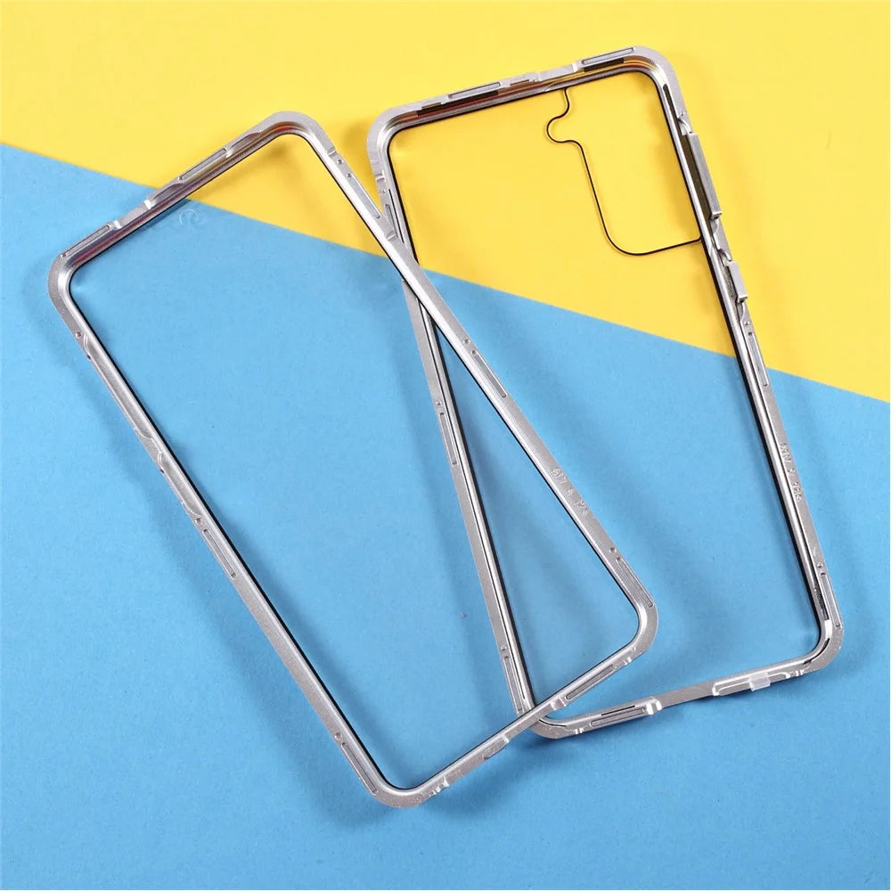 Metal Frame with Double Side Tempered Glass Case (No Fingerprint Function but with Face Recognition Function) by Magnetic + Lock Installation for Samsung Galaxy S21+ 5G - Silver - 2