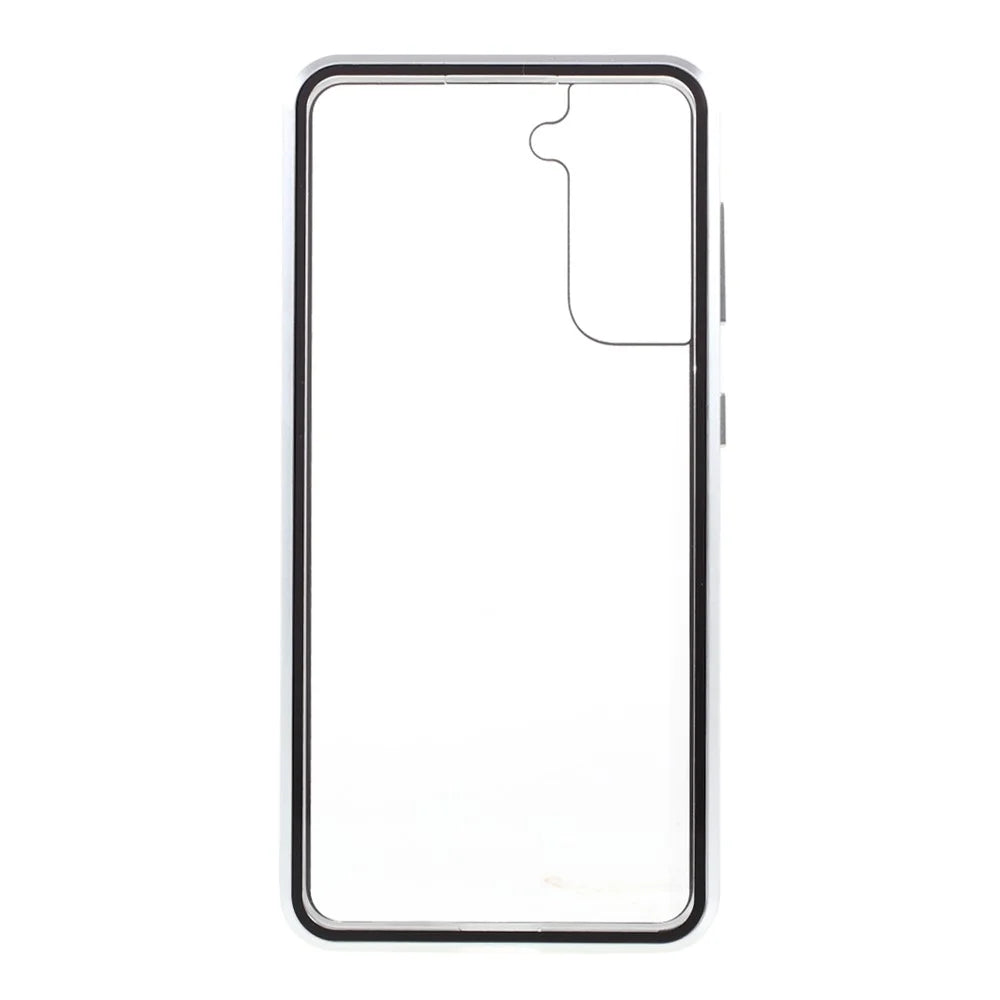 Metal Frame with Double Side Tempered Glass Case (No Fingerprint Function but with Face Recognition Function) by Magnetic + Lock Installation for Samsung Galaxy S21+ 5G - Silver - 3