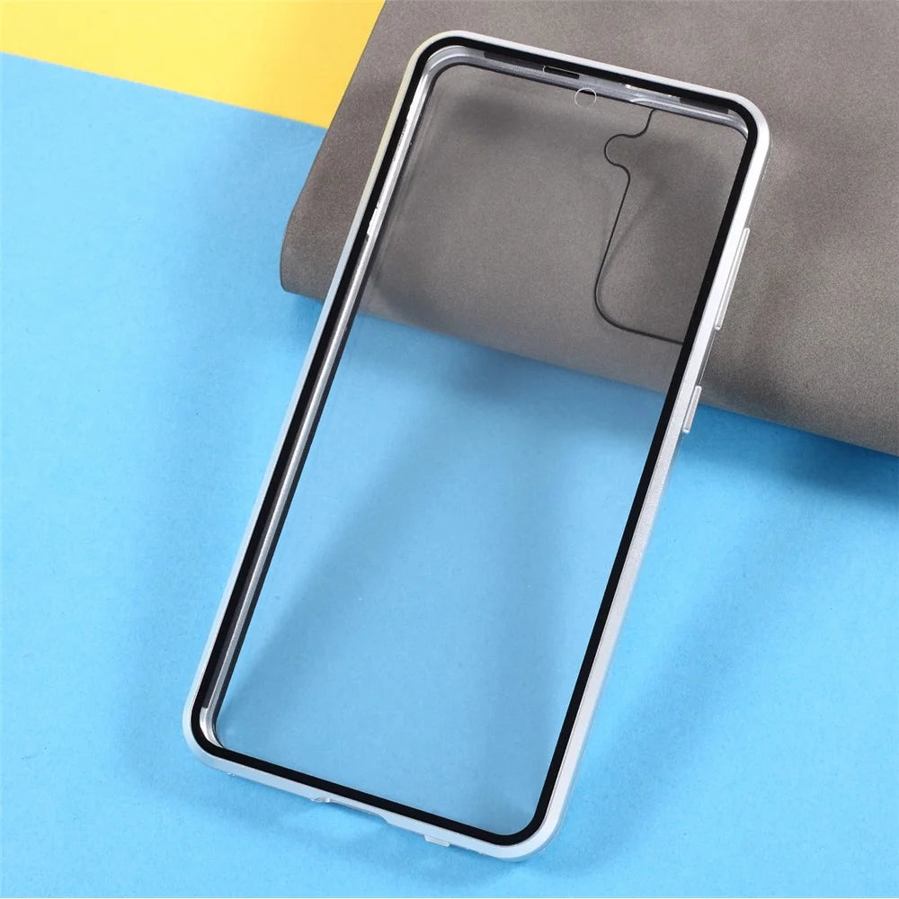 Metal Frame with Double Side Tempered Glass Case (No Fingerprint Function but with Face Recognition Function) by Magnetic + Lock Installation for Samsung Galaxy S21+ 5G - Silver - 4