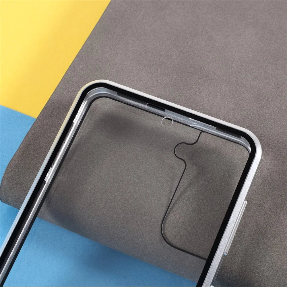 Metal Frame with Double Side Tempered Glass Case (No Fingerprint Function but with Face Recognition Function) by Magnetic + Lock Installation for Samsung Galaxy S21+ 5G - Silver - 5
