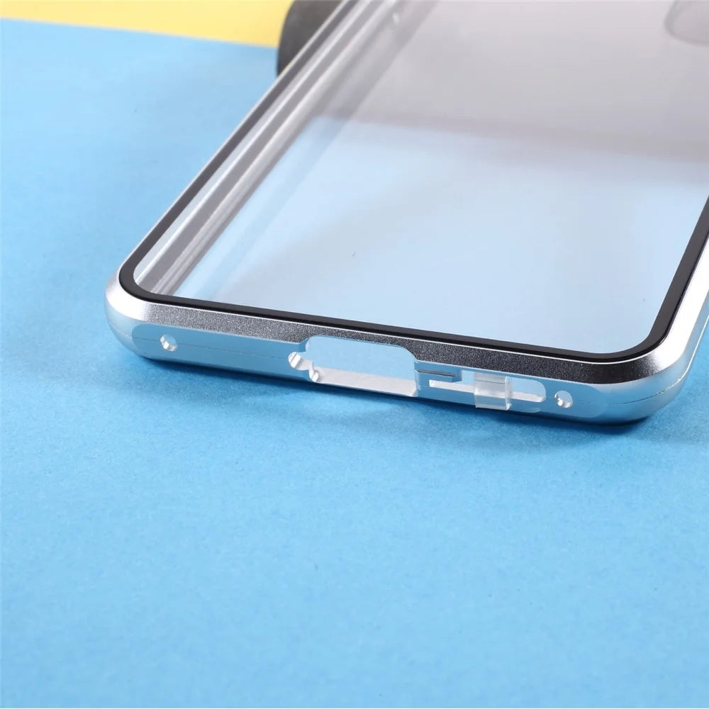 Metal Frame with Double Side Tempered Glass Case (No Fingerprint Function but with Face Recognition Function) by Magnetic + Lock Installation for Samsung Galaxy S21+ 5G - Silver - 6