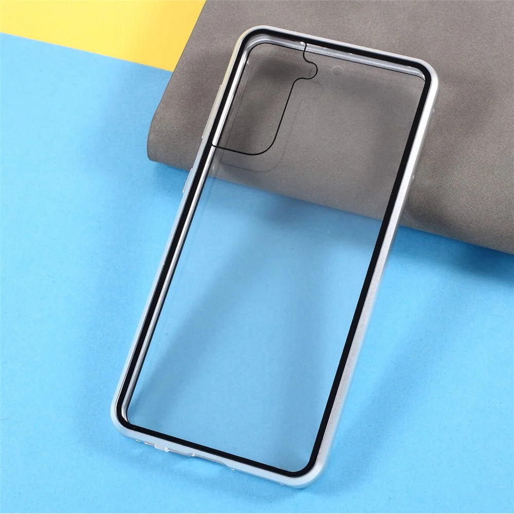 Metal Frame with Double Side Tempered Glass Case (No Fingerprint Function but with Face Recognition Function) by Magnetic + Lock Installation for Samsung Galaxy S21+ 5G - Silver - 7