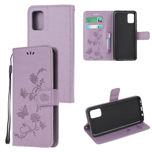 Butterfly Flowers Imprint Inside and Outside Leather Wallet Phone Cover for Samsung Galaxy A72 4G/5G - Purple - 1