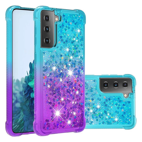 Four Corner Cushion Gradient Glitter Powder Quicksand TPU Shell Cell Phone Cover for Samsung Galaxy S21 4G/5G - Sky Blue/Purple - 1