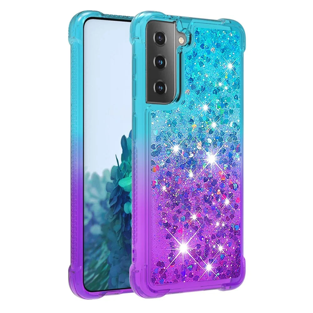 Four Corner Cushion Gradient Glitter Powder Quicksand TPU Shell Cell Phone Cover for Samsung Galaxy S21 4G/5G - Sky Blue/Purple - 3