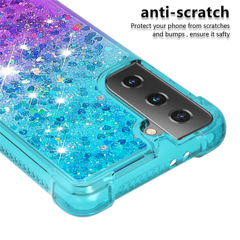 Four Corner Cushion Gradient Glitter Powder Quicksand TPU Shell Cell Phone Cover for Samsung Galaxy S21 4G/5G - Sky Blue/Purple - 4