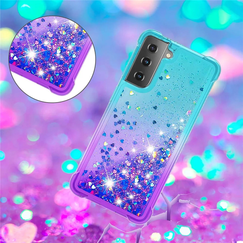 Four Corner Cushion Gradient Glitter Powder Quicksand TPU Shell Cell Phone Cover for Samsung Galaxy S21 4G/5G - Sky Blue/Purple - 5