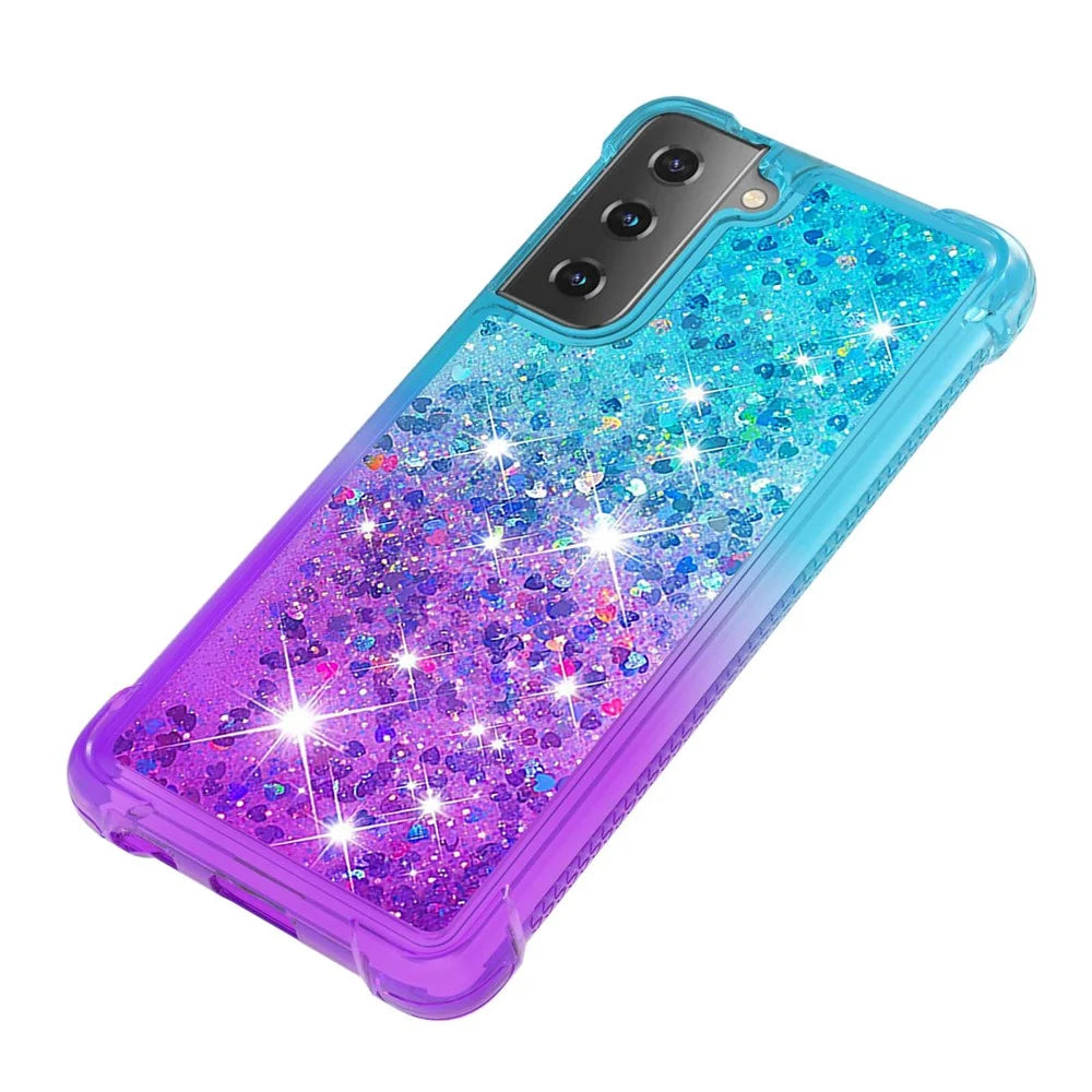 Four Corner Cushion Gradient Glitter Powder Quicksand TPU Shell Cell Phone Cover for Samsung Galaxy S21 4G/5G - Sky Blue/Purple - 6