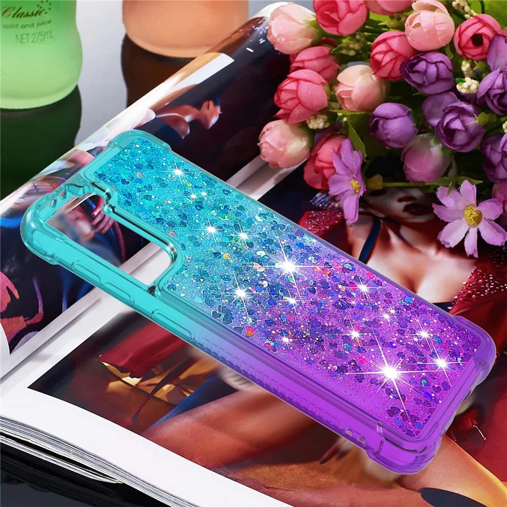 Four Corner Cushion Gradient Glitter Powder Quicksand TPU Shell Cell Phone Cover for Samsung Galaxy S21 4G/5G - Sky Blue/Purple - 7