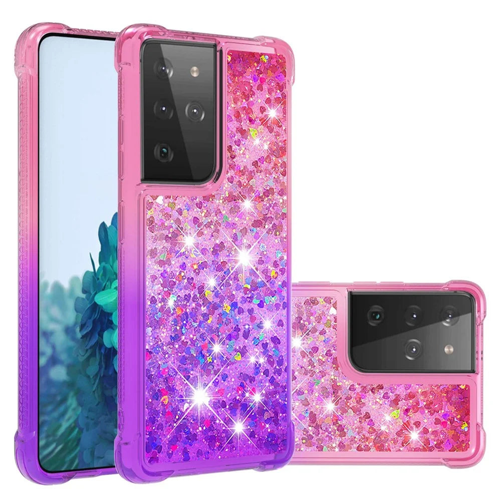 TPU Shell Cell Phone Cover with Gradient Glitter Powder Quicksand Design for Samsung Galaxy S21 Ultra 5G - Pink/Purple - 1