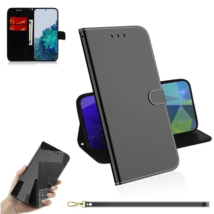 Mirror-like Surface Leather Wallet Stand Design Case with Wrist Strap for Samsung Galaxy S21 Plus 5G - Black - 1