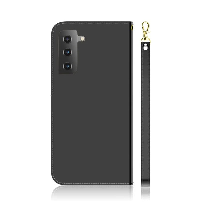 Mirror-like Surface Leather Wallet Stand Design Case with Wrist Strap for Samsung Galaxy S21 Plus 5G - Black - 2