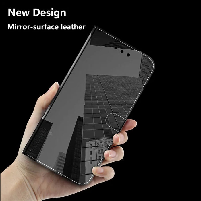 Mirror-like Surface Leather Wallet Stand Design Case with Wrist Strap for Samsung Galaxy S21 Plus 5G - Black - 7