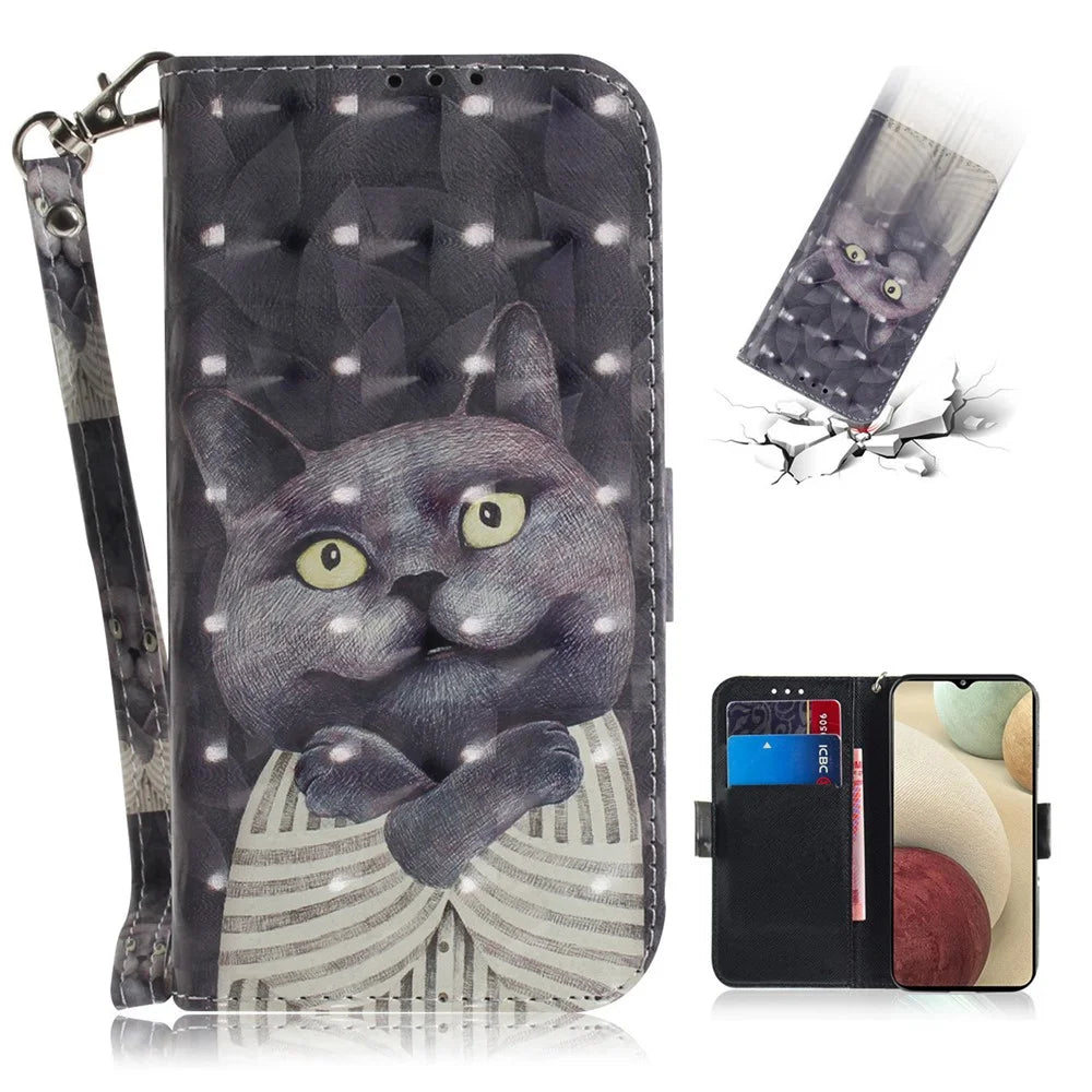 For Samsung Galaxy A12 Leather Case Magnetic Closure Wallet Case with Stand and Strap Pattern Printed Flip Cover - Cat - 1