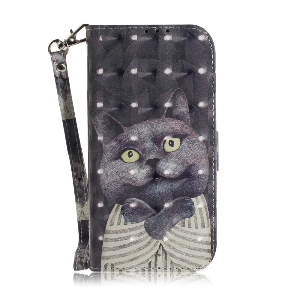 For Samsung Galaxy A12 Leather Case Magnetic Closure Wallet Case with Stand and Strap Pattern Printed Flip Cover - Cat - 2