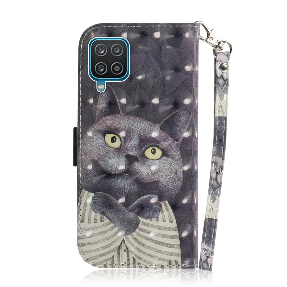 For Samsung Galaxy A12 Leather Case Magnetic Closure Wallet Case with Stand and Strap Pattern Printed Flip Cover - Cat - 3