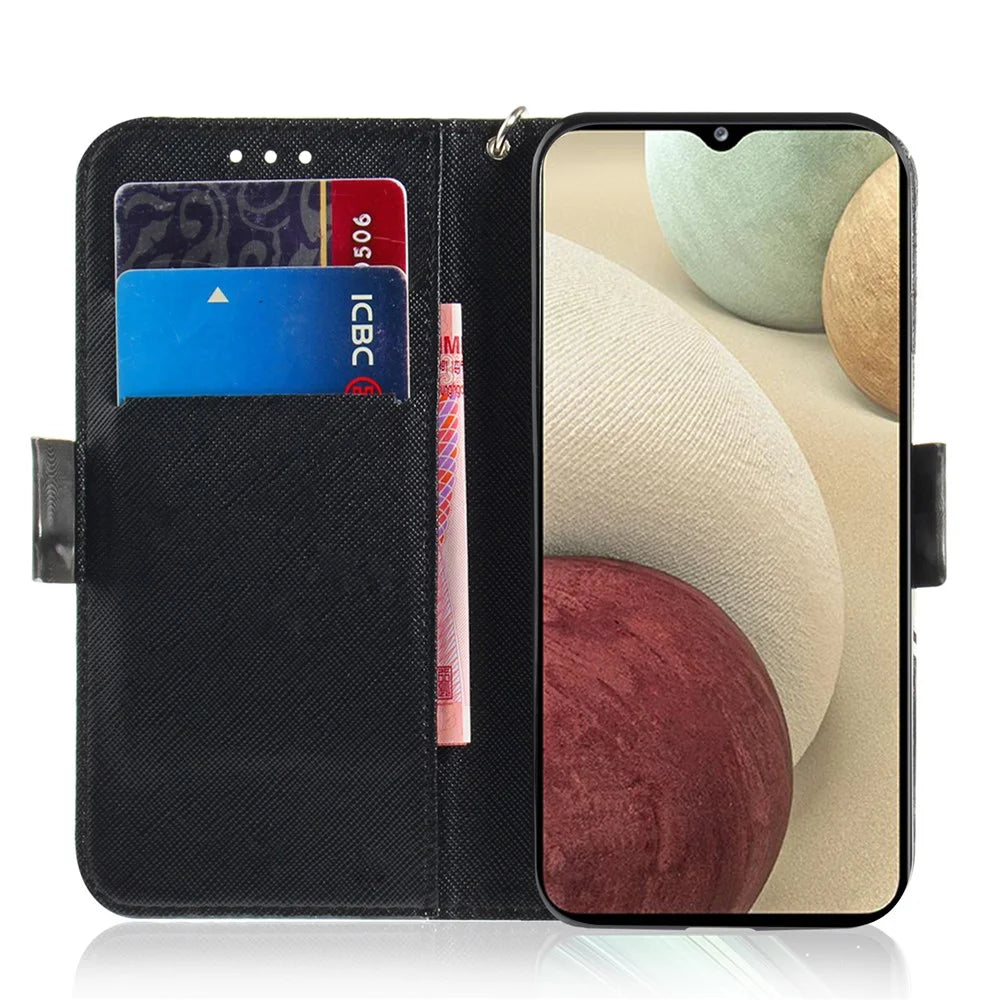 For Samsung Galaxy A12 Leather Case Magnetic Closure Wallet Case with Stand and Strap Pattern Printed Flip Cover - Cat - 6