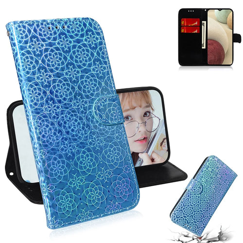 Flower Pattern Leather Stand Wallet Cover Case for Samsung Galaxy A12 - Blue - 1