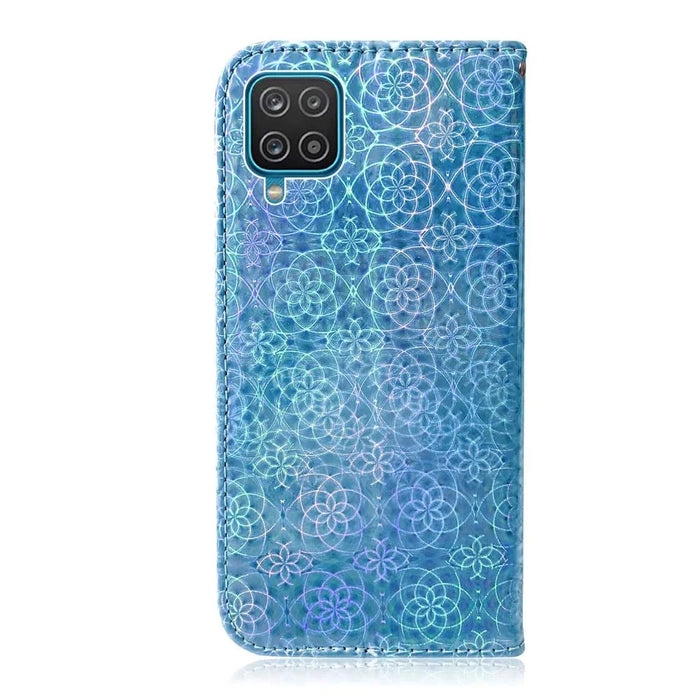 Flower Pattern Leather Stand Wallet Cover Case for Samsung Galaxy A12 - Blue - 3