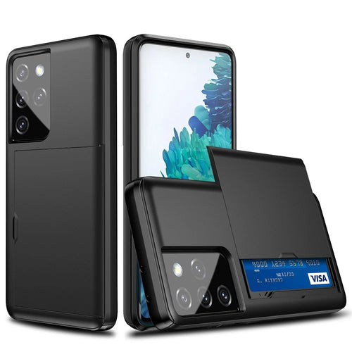 Scratch-proof Slide Card Holder PC + TPU Hybrid Back Smartphone Case for Samsung Galaxy S21 Ultra 5G - Black - 1