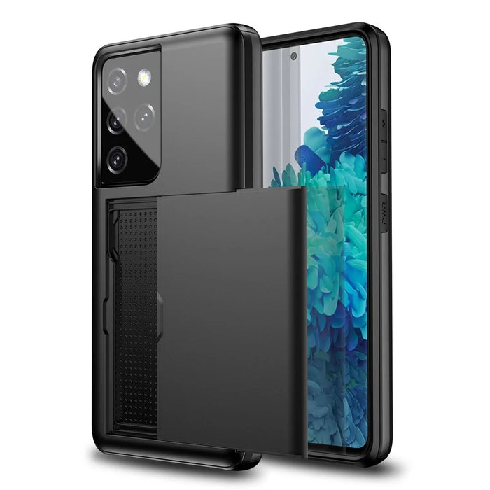 Scratch-proof Slide Card Holder PC + TPU Hybrid Back Smartphone Case for Samsung Galaxy S21 Ultra 5G - Black - 2