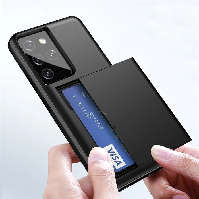 Scratch-proof Slide Card Holder PC + TPU Hybrid Back Smartphone Case for Samsung Galaxy S21 Ultra 5G - Black - 6