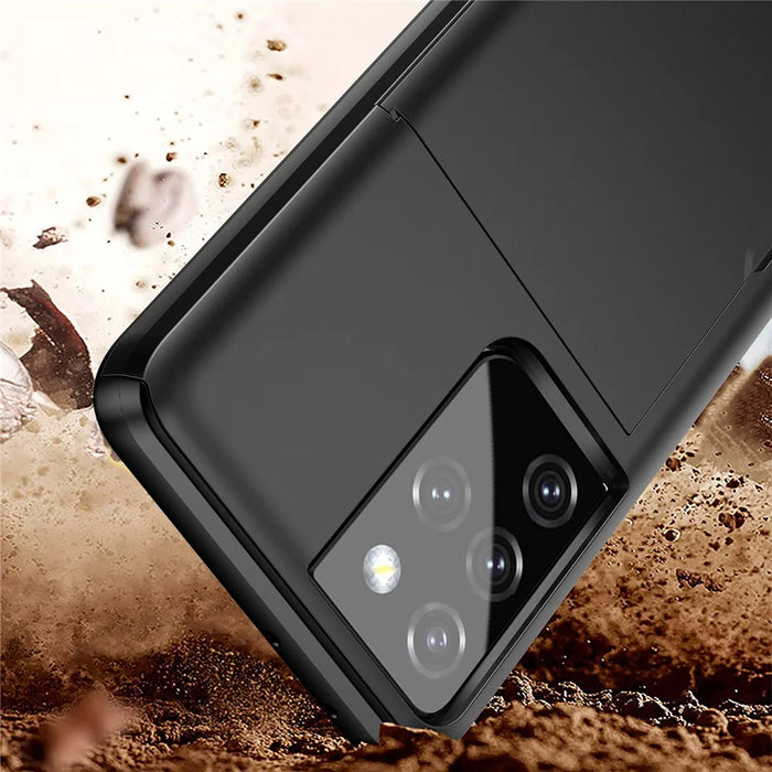 Scratch-proof Slide Card Holder PC + TPU Hybrid Back Smartphone Case for Samsung Galaxy S21 Ultra 5G - Black - 7