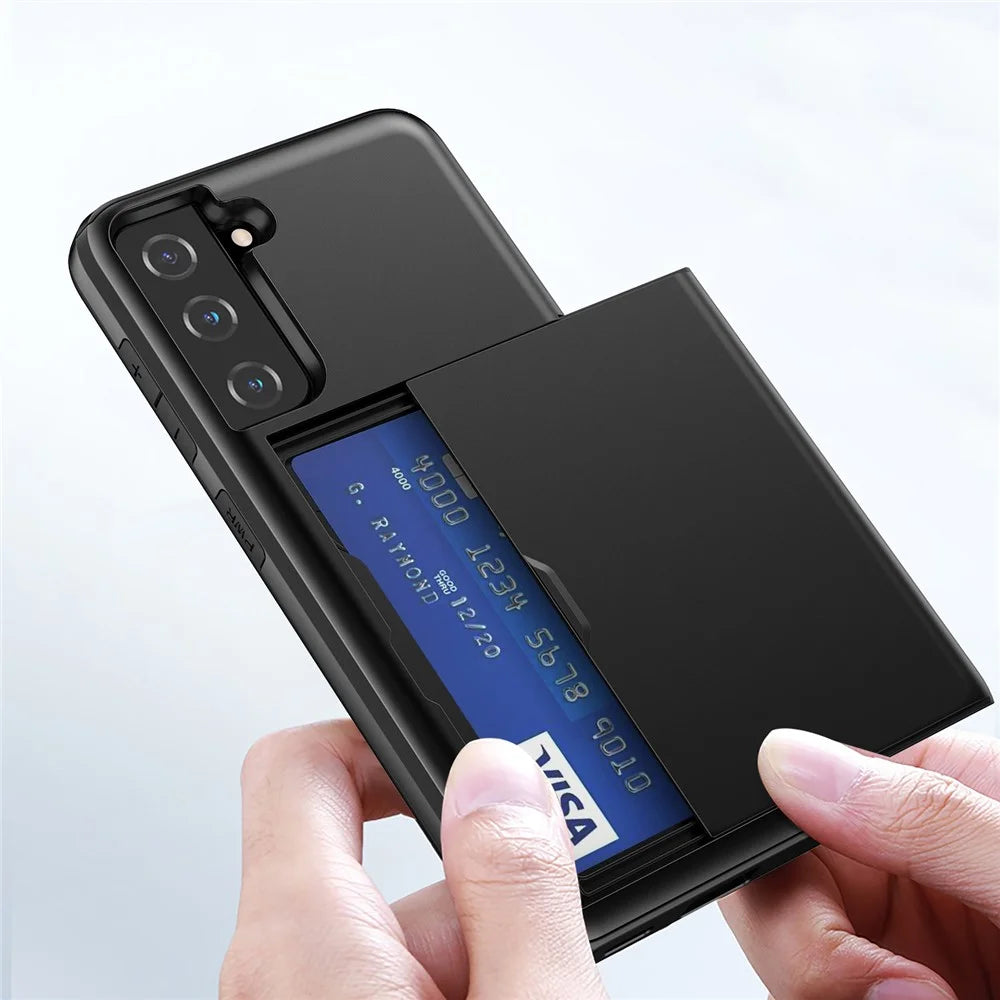 For Samsung Galaxy S21 4G/5G Anti-scratch Sliding Card Holder PC + TPU Hybrid Phone Cover Case - Black - 5