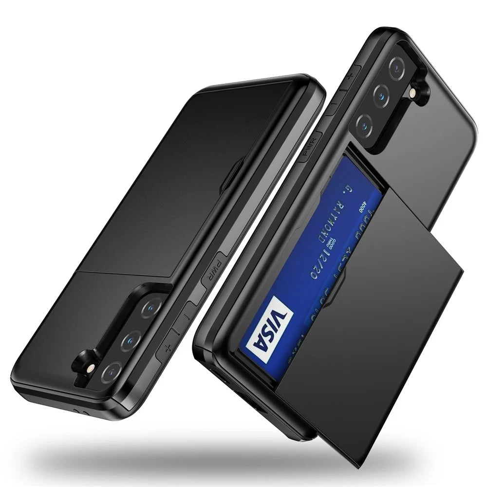 For Samsung Galaxy S21 4G/5G Anti-scratch Sliding Card Holder PC + TPU Hybrid Phone Cover Case - Black - 6