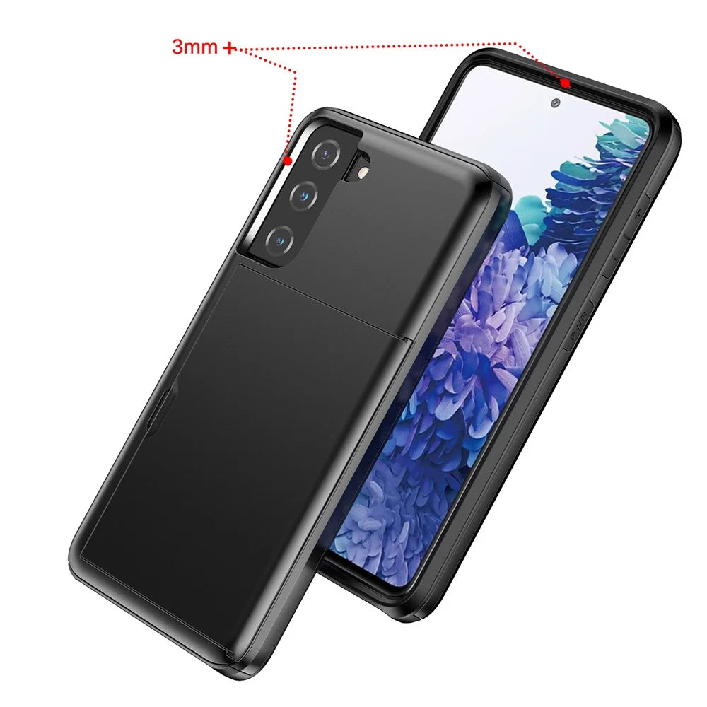 For Samsung Galaxy S21 4G/5G Anti-scratch Sliding Card Holder PC + TPU Hybrid Phone Cover Case - Black - 7