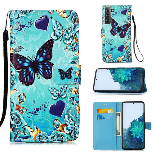 Anti-Drop PU Leather Wallet Stand Case Smartphone Cover Shell with Pattern Printing for Samsung Galaxy S21 4G/5G - Butterfly - 1