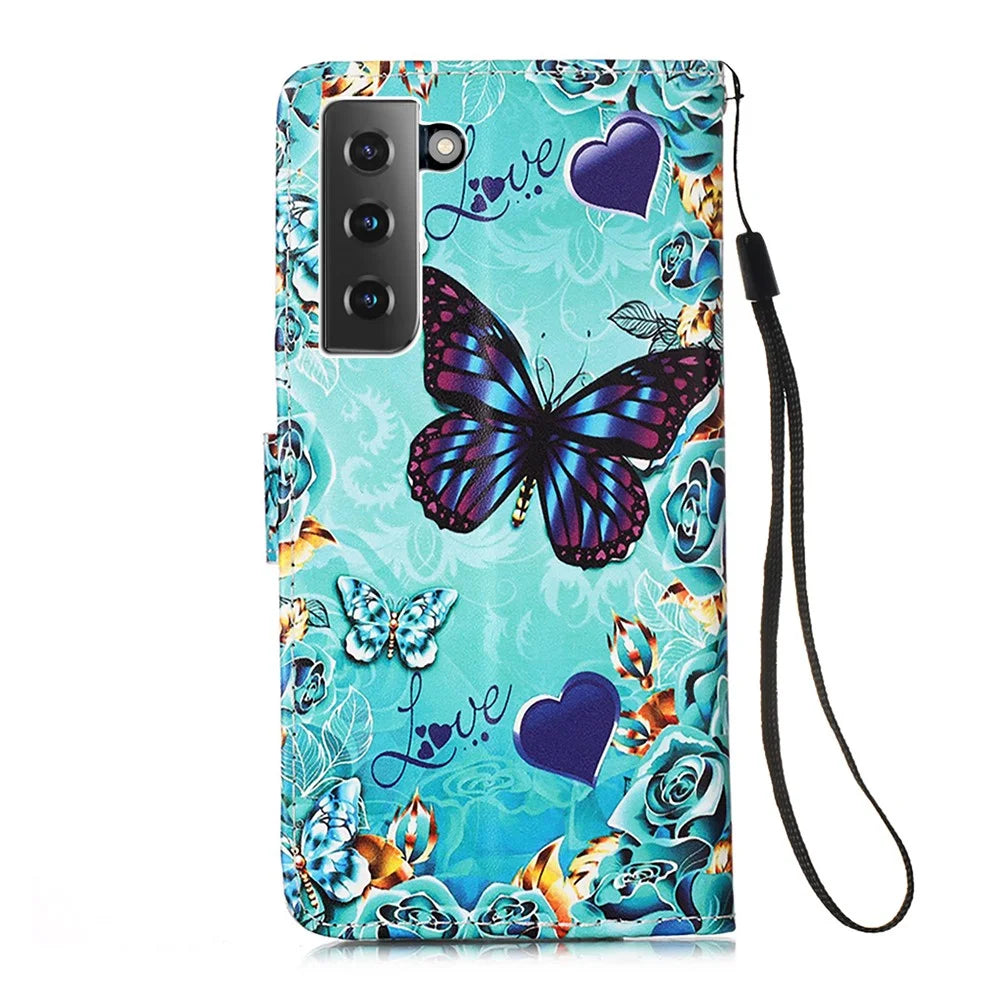 Anti-Drop PU Leather Wallet Stand Case Smartphone Cover Shell with Pattern Printing for Samsung Galaxy S21 4G/5G - Butterfly - 3