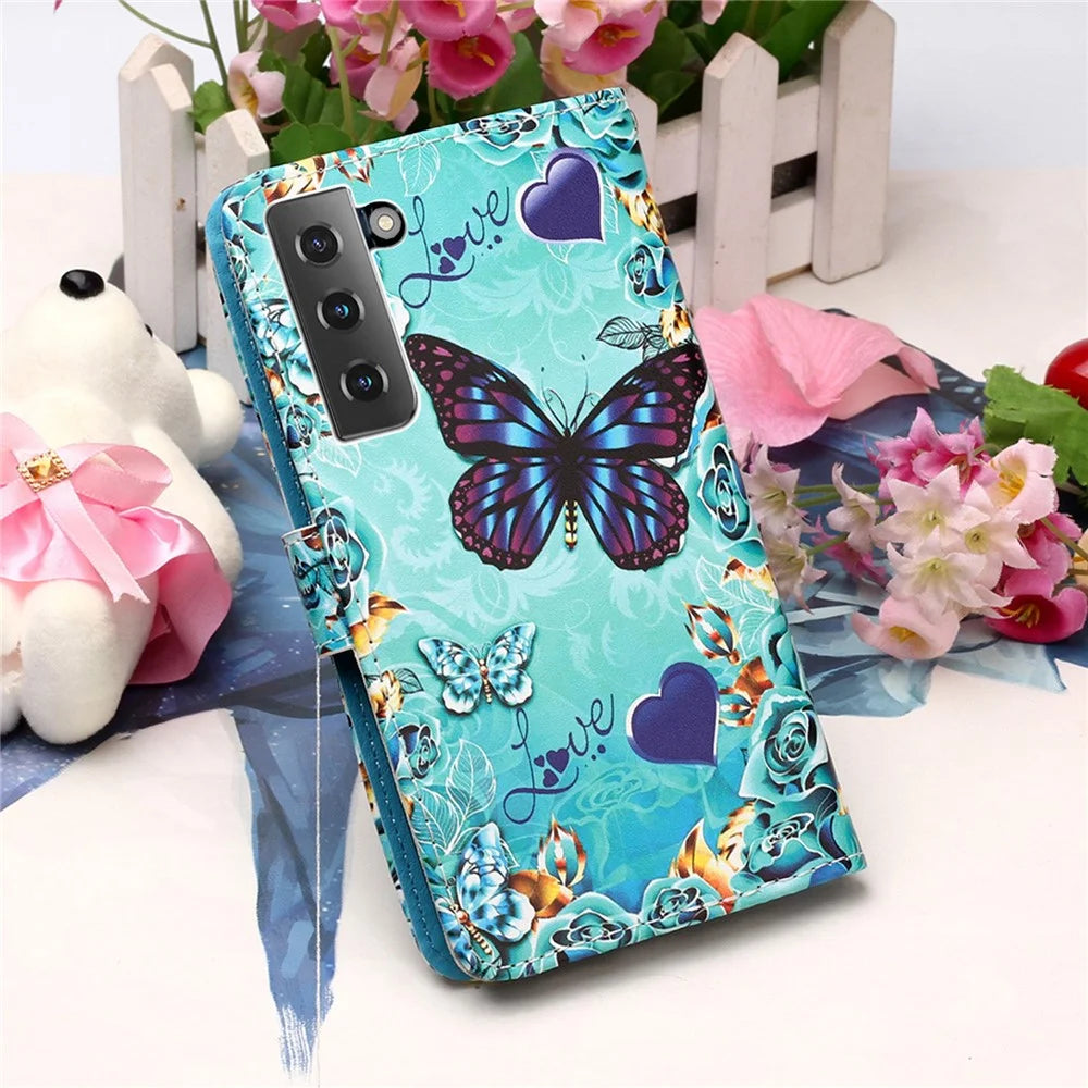 Anti-Drop PU Leather Wallet Stand Case Smartphone Cover Shell with Pattern Printing for Samsung Galaxy S21 4G/5G - Butterfly - 7