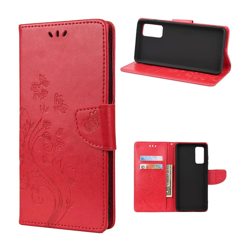 Imprint Butterflies Wallet Stand Flip Leather Case Smartphone Cover Shell for Samsung Galaxy A52 4G/5G / A52s 5G - Red - 1