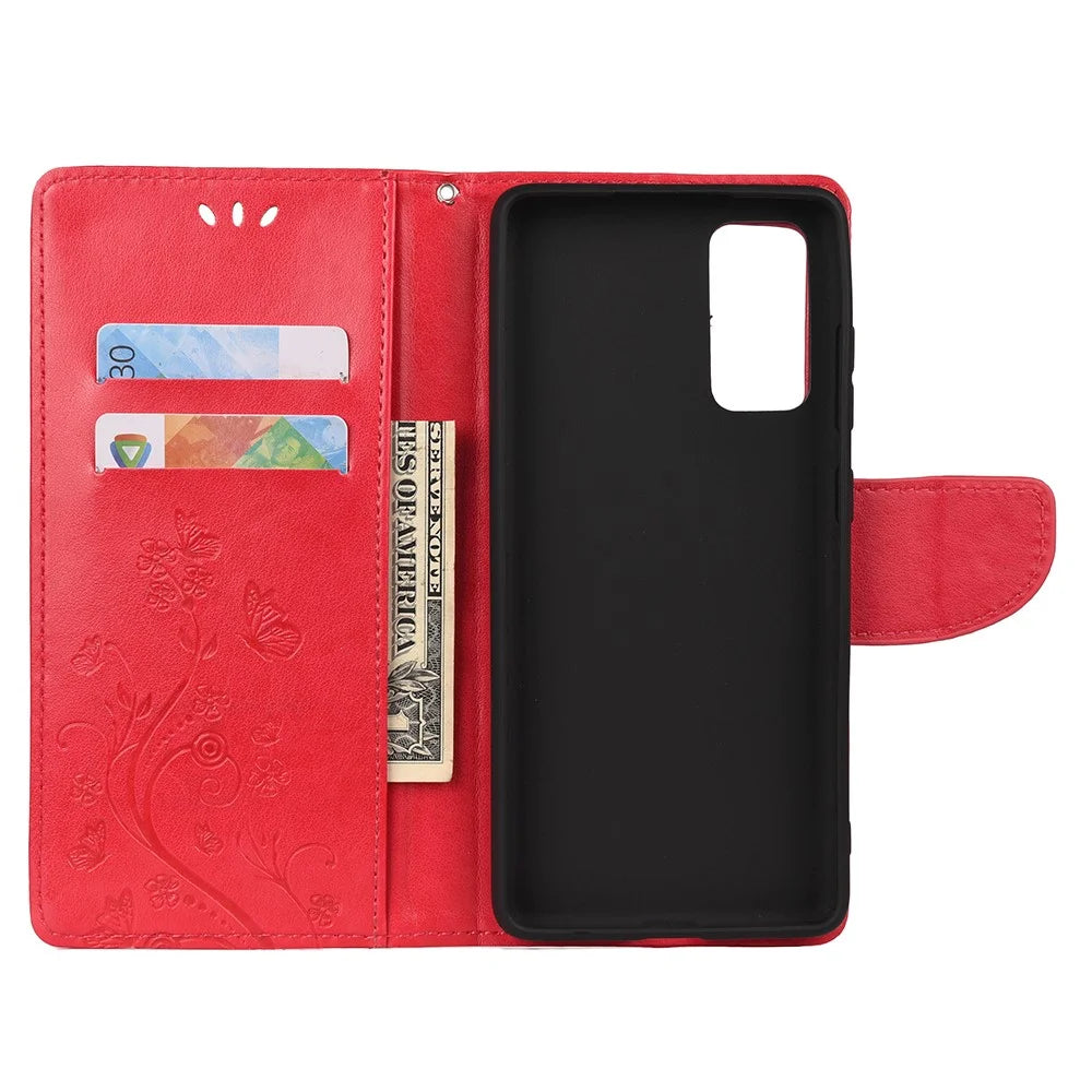 Imprint Butterflies Wallet Stand Flip Leather Case Smartphone Cover Shell for Samsung Galaxy A52 4G/5G / A52s 5G - Red - 4