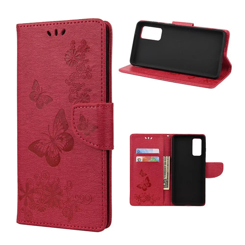 Imprint Butterflies Flower Wallet Stand Leather Case Smartphone Cover Shell for Samsung Galaxy A52 4G/5G / A52s 5G - Red - 1