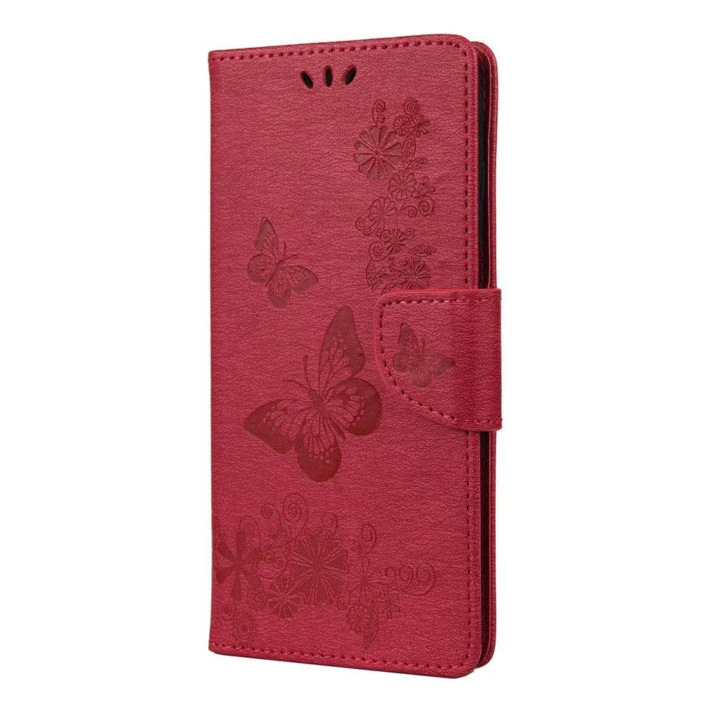 Imprint Butterflies Flower Wallet Stand Leather Case Smartphone Cover Shell for Samsung Galaxy A52 4G/5G / A52s 5G - Red - 2