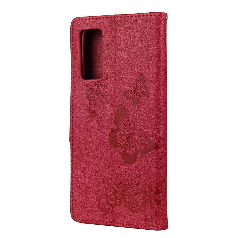 Imprint Butterflies Flower Wallet Stand Leather Case Smartphone Cover Shell for Samsung Galaxy A52 4G/5G / A52s 5G - Red - 3