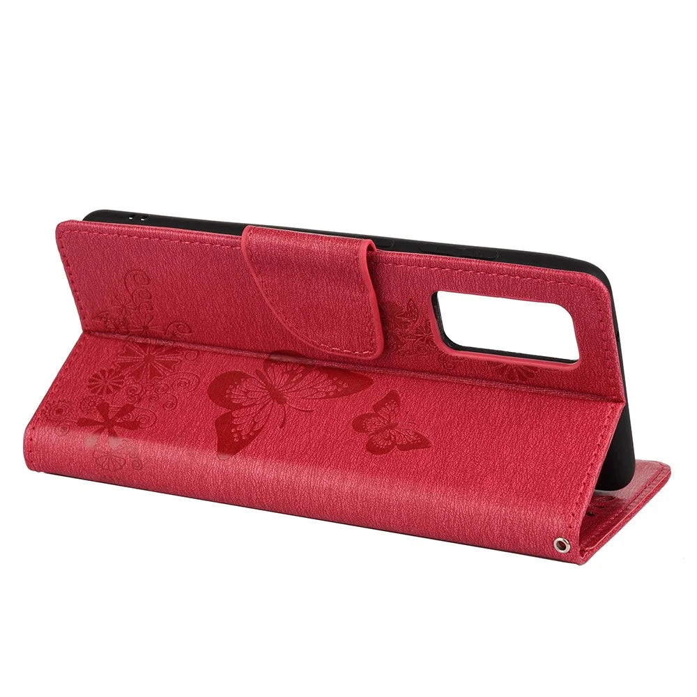 Imprint Butterflies Flower Wallet Stand Leather Case Smartphone Cover Shell for Samsung Galaxy A52 4G/5G / A52s 5G - Red - 5